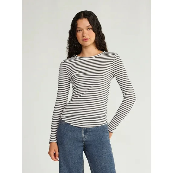 No Boundaries Ribbed Crewneck Tee with Long Sleeves, Women's | Walmart (US)