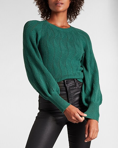 Open Stitch Balloon Sleeve Crew Neck Sweater | Express
