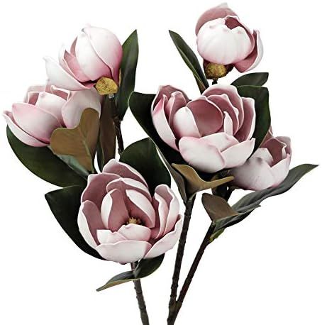 LSME Vintage 6 Heads Artificial Magnolia Flower Pink Foam Long Stem Flower Bouquet with Green Leaves | Amazon (US)