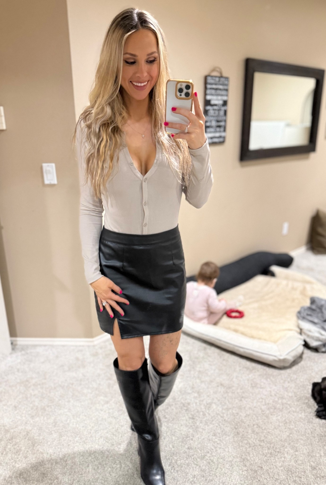 Date night fit  White fox boutique taupe bodysuit in size L and leather skirt and boots to pair! Skirt is a small 

#LTKootd #LTKSaleAlert #LTKgrwm