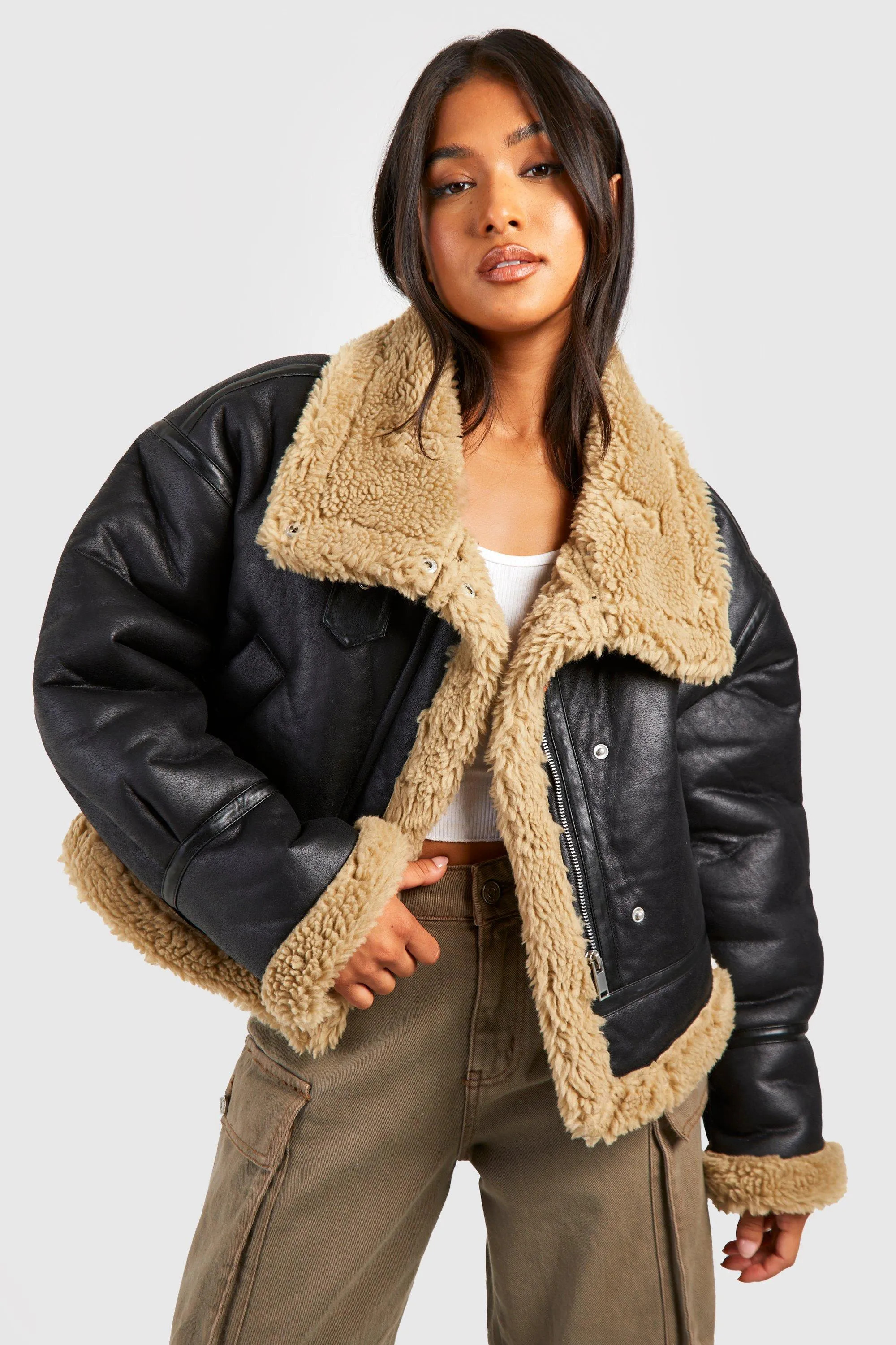 Petite Teddy Trim Aviator Jacket | Boohoo.com (UK & IE)