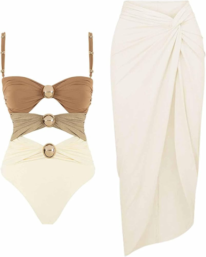 HGps8w Women's Elegant Colorblock Ruched Cutout Swimsuit with Beach Coverup Wrap Skirt Sarong Two... | Amazon (US)