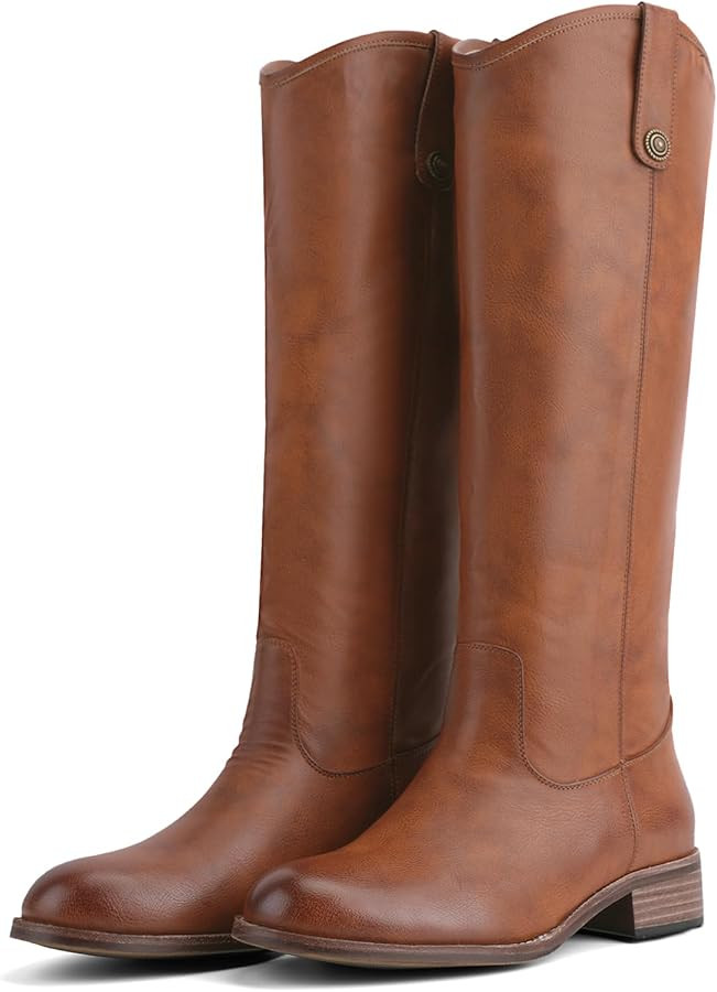 Riding Boots For Women Round Toe Chunky Heel Knee High Boots Vintage Metal Hardware Tall Booties ... | Amazon (US)