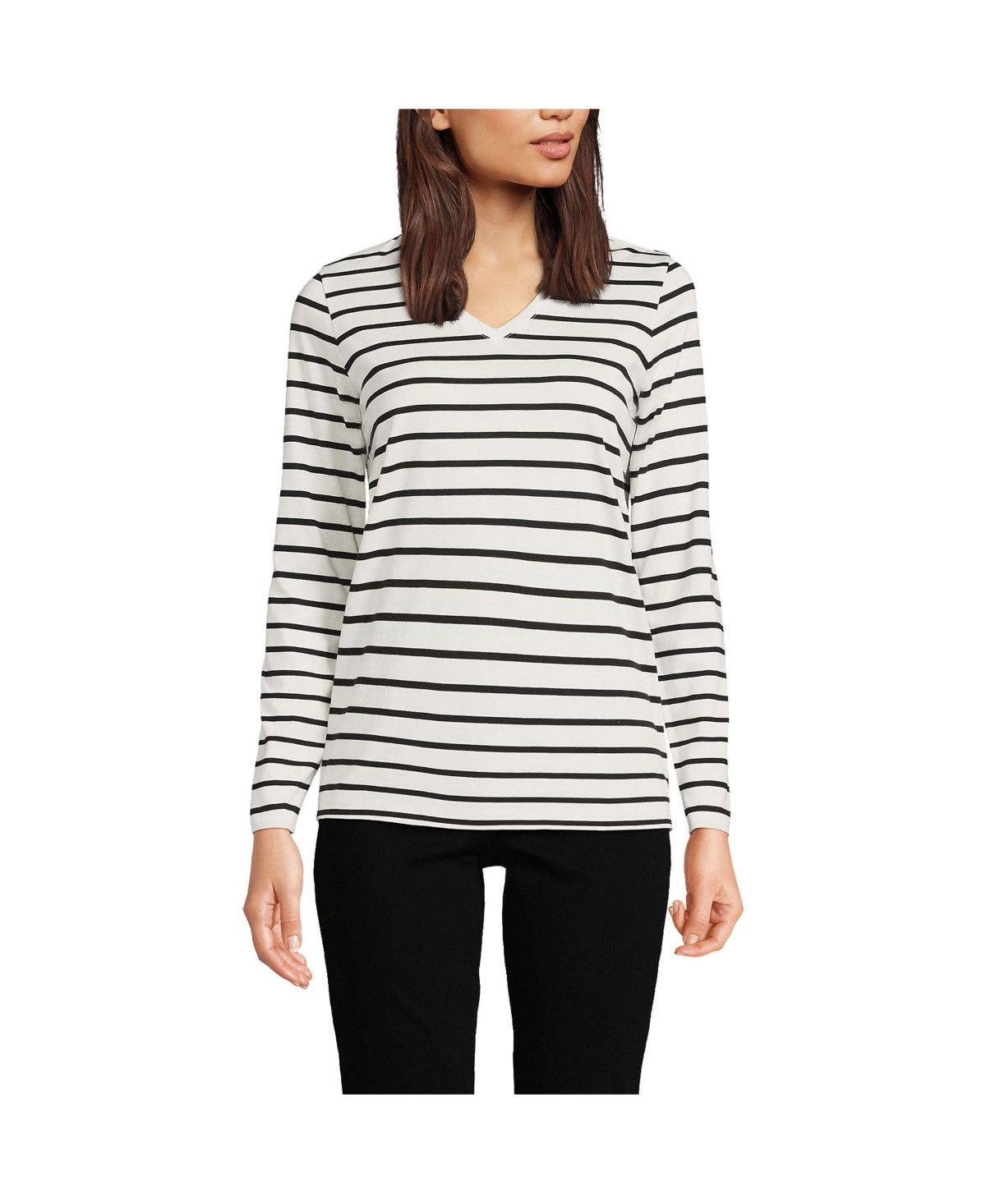 Lands' End Women's Relaxed Supima Cotton Long Sleeve V-Neck T-Shirt - Ivory/black breton stripe | Macy's