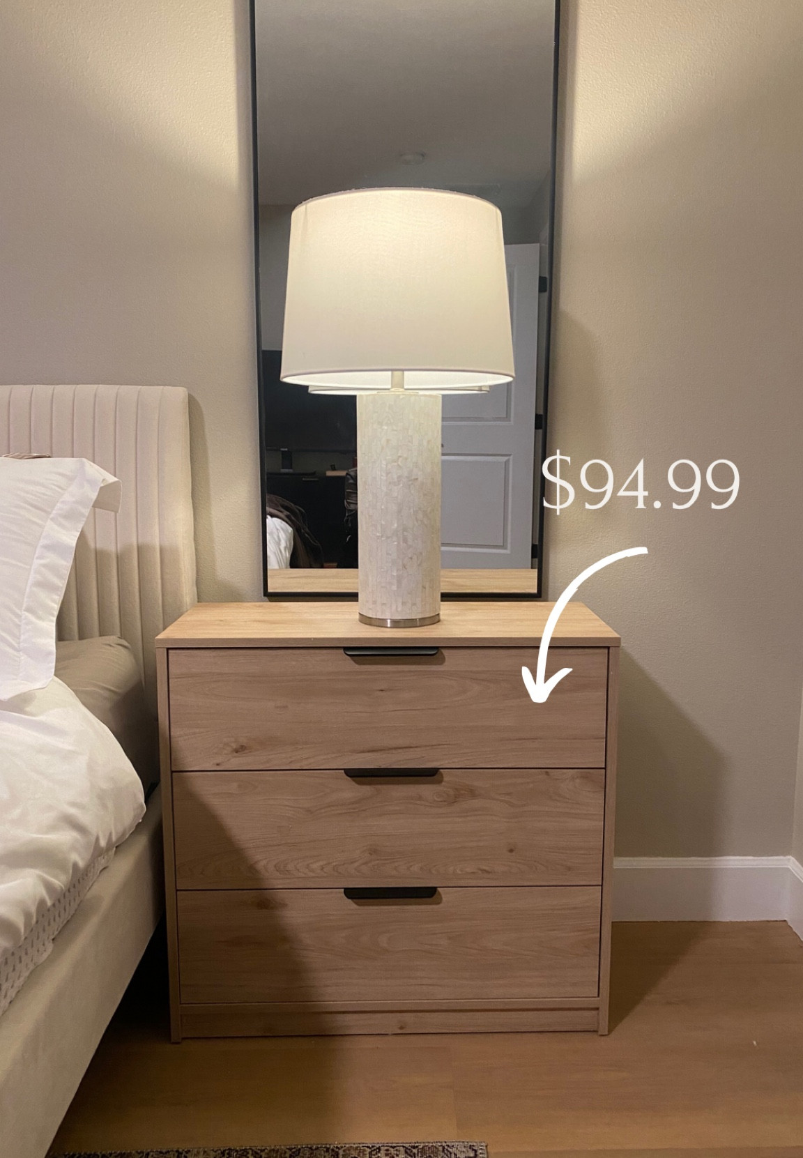 I’ve been on the search for an affordable nightstand with storage for the longest time. I couldn’t find anything for under $400 until I stumbled across this one from Wayfair. I wasn’t a huge fan of the hardware that came with it so I got new hardware on Amazon. The nightstand came with stickers that match the wood design to cover the holes where the hardware is supposed to be 

#LTKhome
