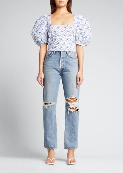 Caroline Constas Elliot Long-Balloon Sleeve Crop Top | Bergdorf Goodman
