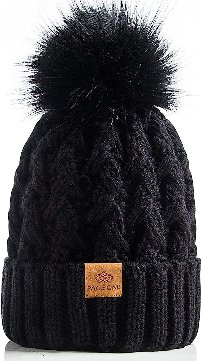 PAGE ONE Womens Winter Ribbed Beanie Crossed Cap Chunky Cable Knit Pompom Soft Warm Hat Black at ... | Amazon (US)