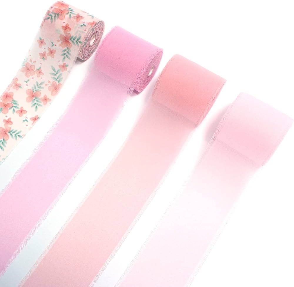 Pink Rose Ribbon Set Fringe Chiffon Ribbon 1-3/4" x 5Yd, 4 Rolls 20 Yards, Cakasi Handmade Silk R... | Amazon (US)
