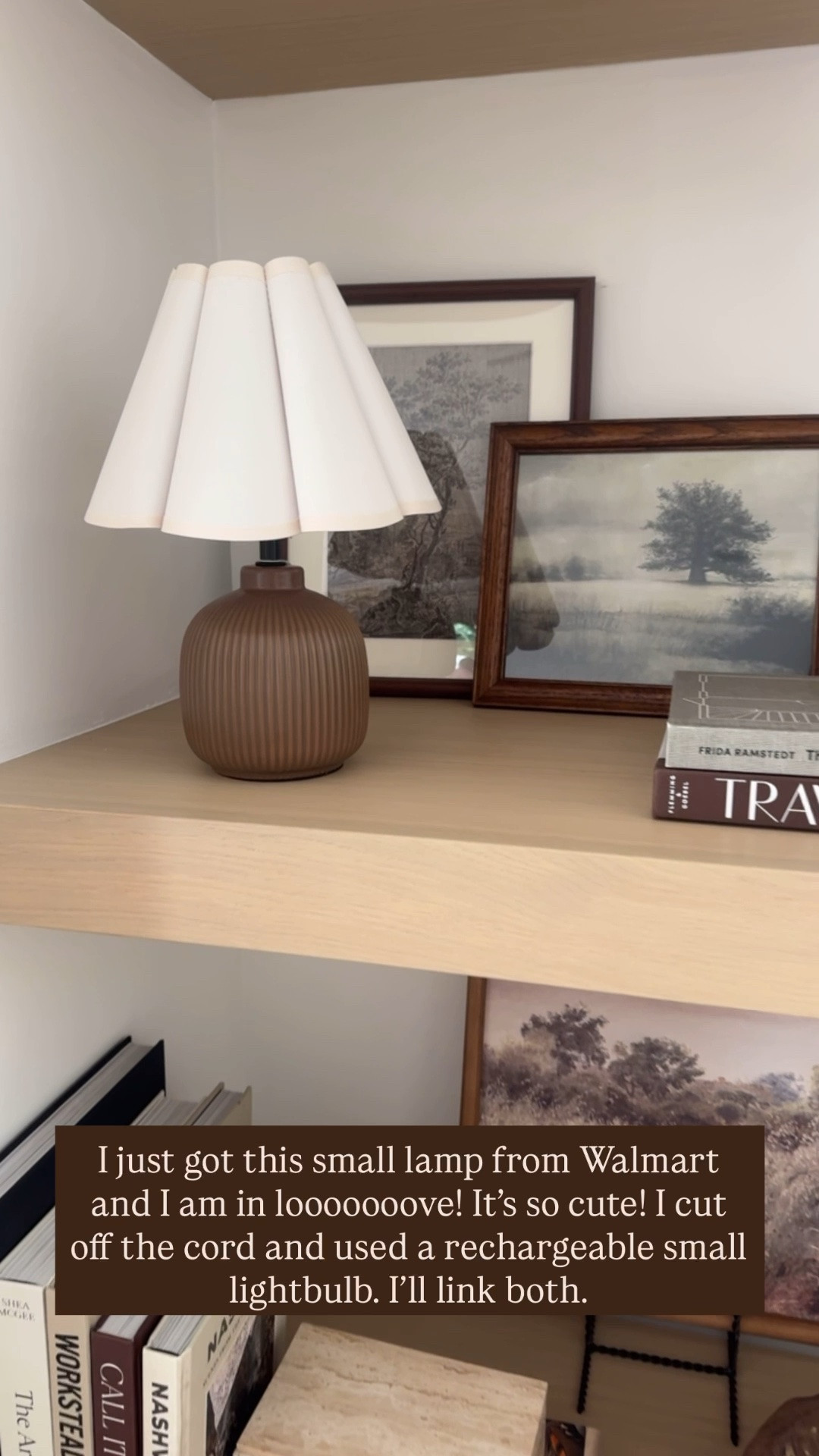 I looove this cute lamp. Looks so good my my built ins. I cute off off the cord and used a small rechargeable lightbulb. I’ll link some other lamps I have as well as Home decor use on my built-ins.