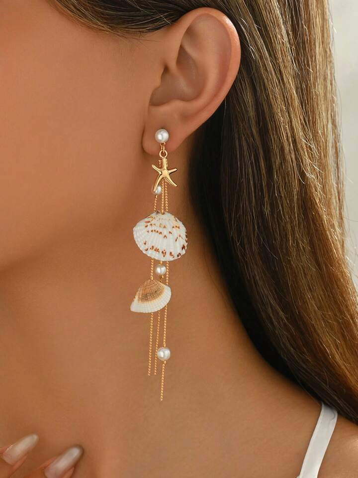 1 Pair Romantic Sea Style Shell & Decor Tassel Earring Elegant Faux Pearl Earstud Charm Women Jew... | SHEIN