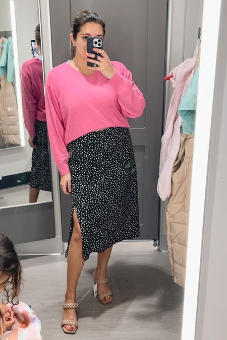 Target outfit! Heart print slip skirt and v-neck pink sweater. Size down in sweater, skirt fits tts, woven heeled sandals fit tts. 
Valentines, Valentine’s Day outfit

#LTKunder100 #LTKstyletip #LTKunder50