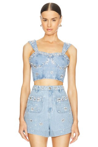 PatBO Hand-Beaded Denim Top in Denim from Revolve.com | Revolve Clothing (Global)
