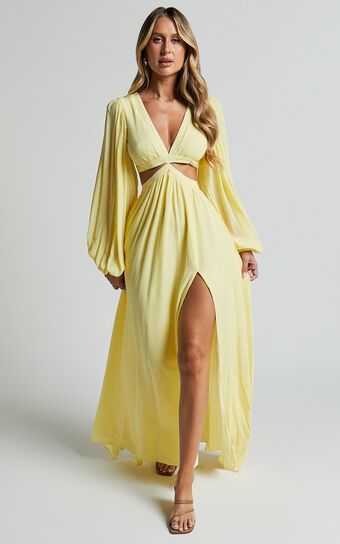 Paige Maxi Dress - Side Cut Out Balloon Sleeve Dress in Lemon | Showpo (US, UK & Europe)