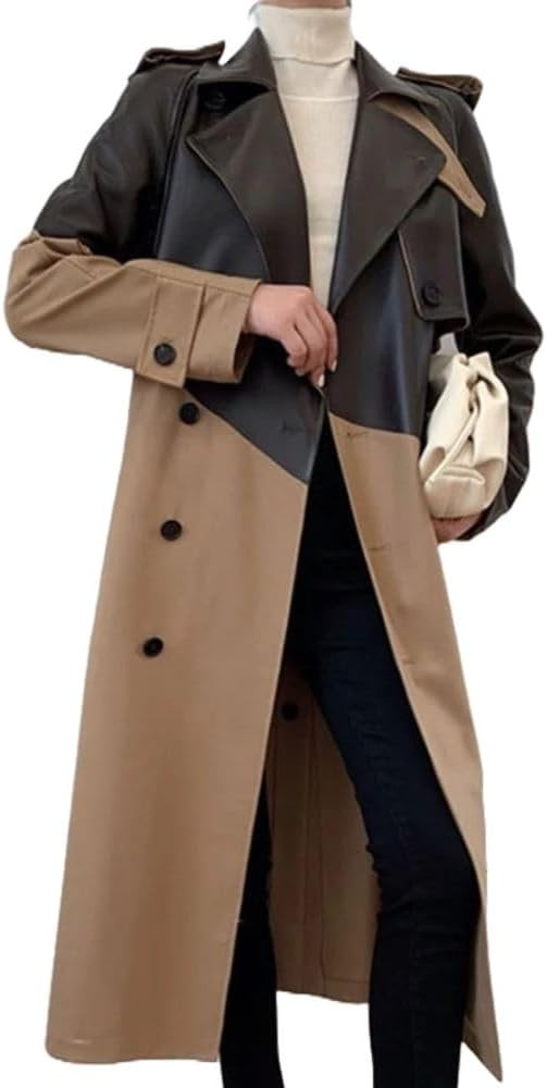 Genuine Sheepskin Leather Contrasting Black with Brown Color Stitching Slim Fit Double Breasted L... | Amazon (US)