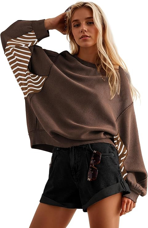 Women Oversized Loose Patchwork Crew Neck Striped Long Sleeve Sweatshirt Pullover Top Solid Baggy... | Amazon (US)