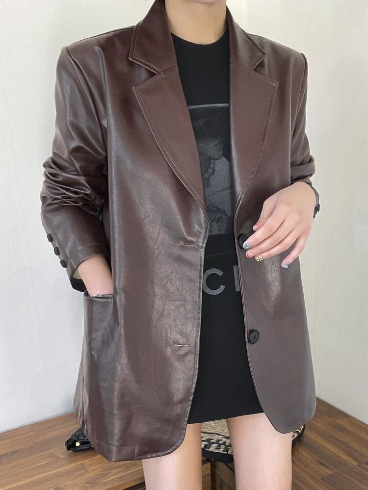 DAZY Lapel Neck PU Leather Blazer | SHEIN