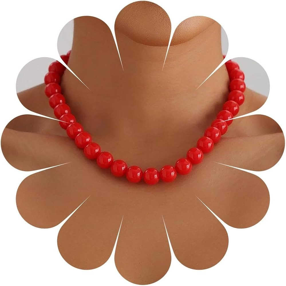 Large Red Beaded Choker Necklace Big Chunky Round Bead Necklaces Round Beaded Strand Necklaces Re... | Amazon (UK)