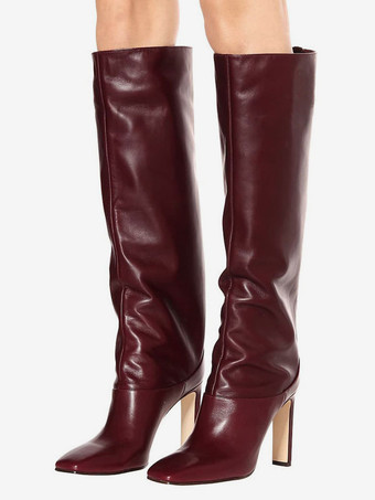 Women' Burgundy Boots Square Toe Chunky Heel Knee High Boots | Milanoo
