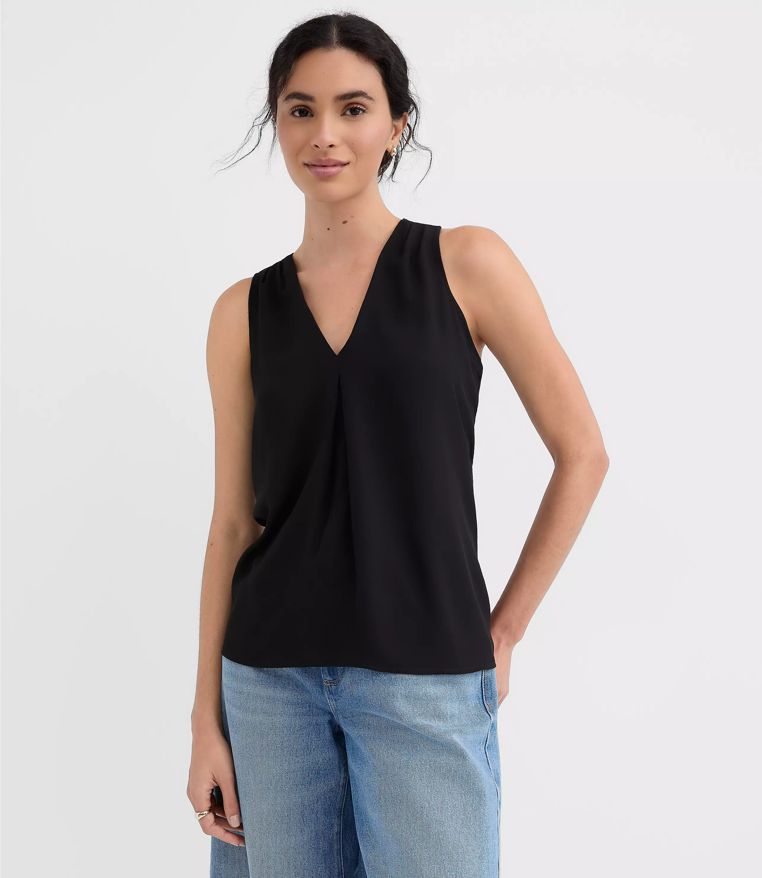 Pleated V-Neck Mixed Media Shell | LOFT