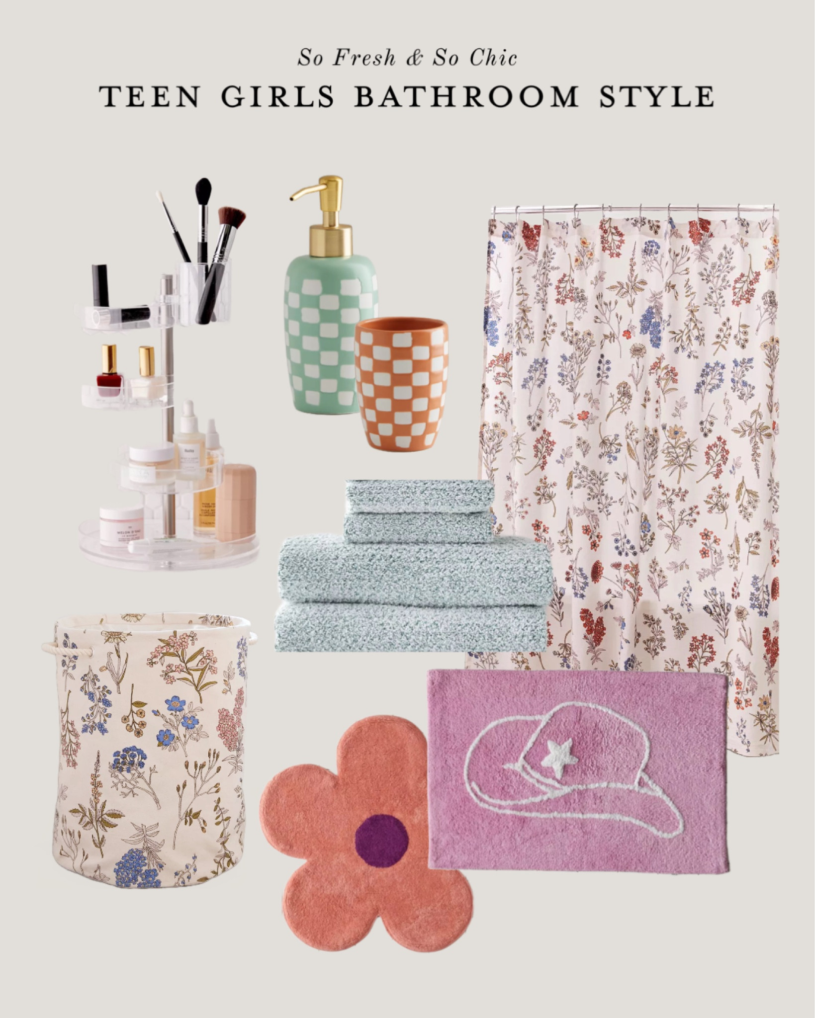 Pretty floral teen girls bathroom decor.
-
Urban outfitters - floral shower curtain - cow girl bath mat - flower bath mat - luxe towels green - floral laundry basket - acrylic makeup organizer - checked toothbrush holder - checked cup - pretty bathroom style - teen girls bathroom

#LTKsalealert #LTKunder50 #LTKhome