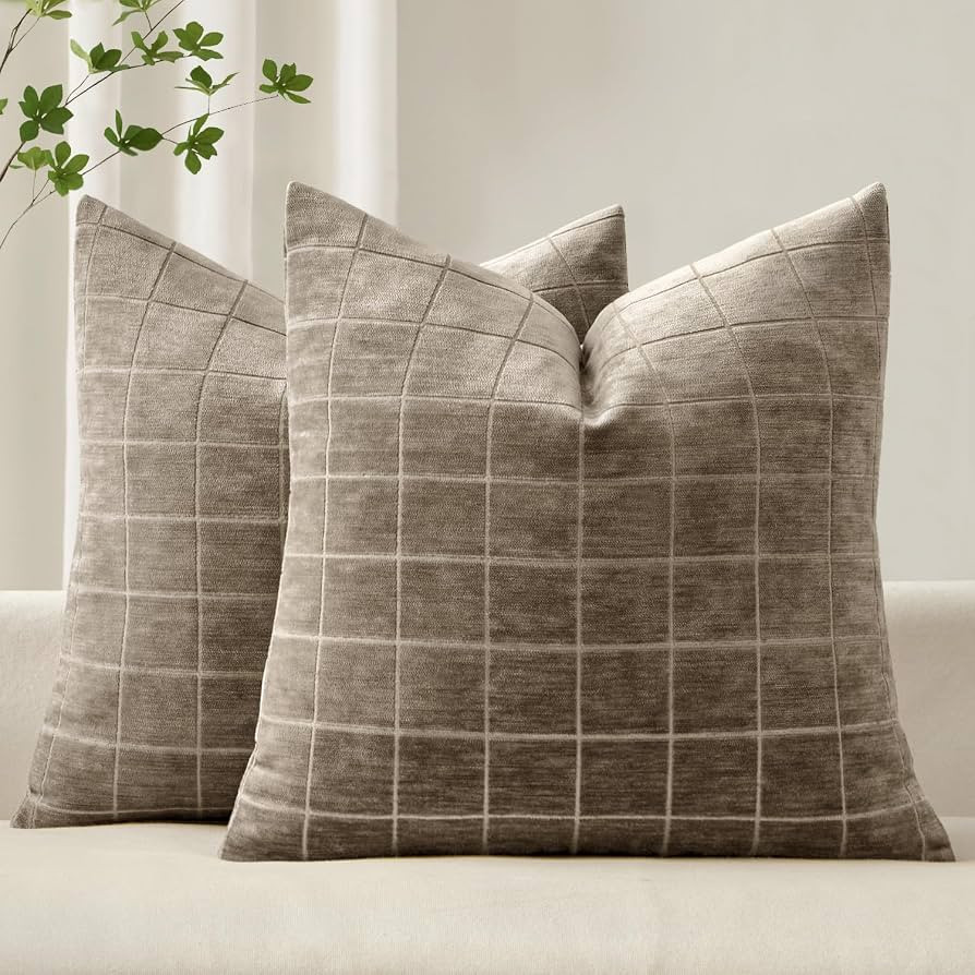 MIULEE Taupe Grey Plaid Fall Euro Throw Pillow Covers 24x24 Set of 2 | Amazon (US)