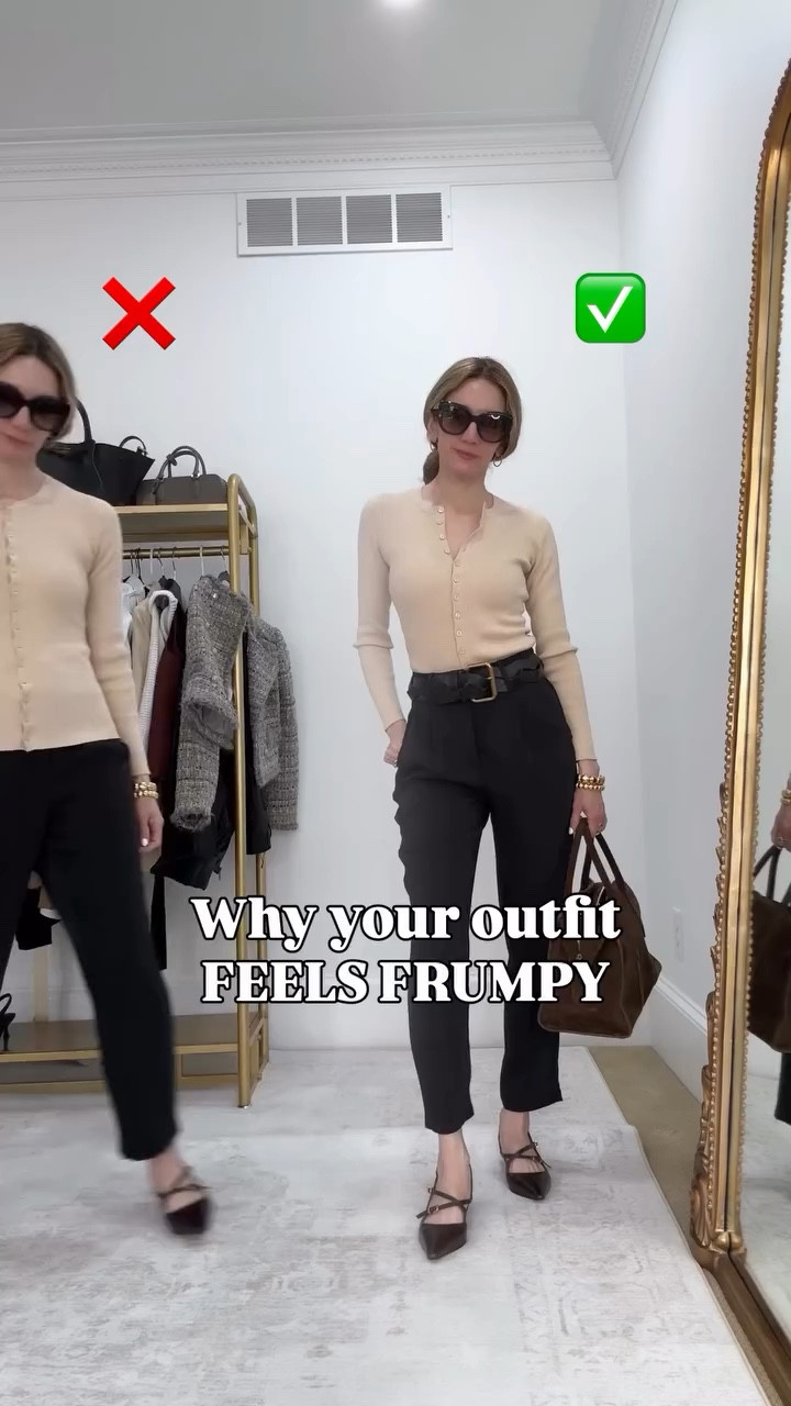 How this helps⬇️
- you look polished
-you look taller and leaner
-outfits don’t overwhelm your frame

Rule of 3rds to the rescue✅ 
1) think of your outfit as 3 thirds
2) top 3rd should be different than 2 lower or thirds or vice versa 
3) top 3rd should avoid halving your casual pants and cardigan look either;
A. Tuck top and belt your pants or
B. Unbutton your shirt at bottom and top to create v-shapes and still define where the 3rds are. 
Comment shop to shop❤️
#styletips #outfitinspiration #howto #fashiontips #styling
