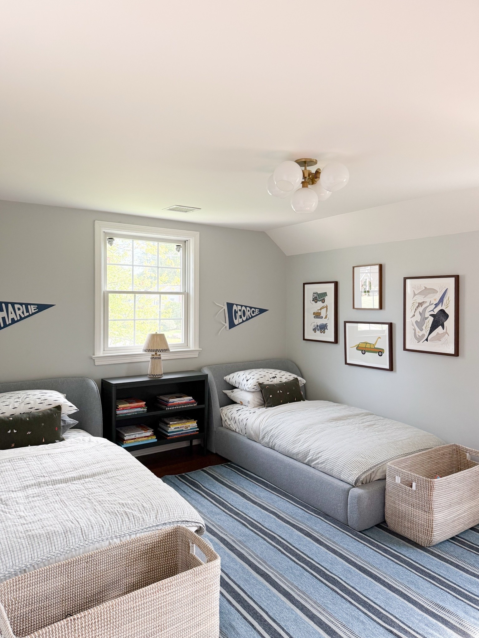 Progress over perfection (although this sweet boys’ bedroom is pretty close to perfect!!) Just waiting on window treatments to arrive and then we’re all set! 

The cutest pattern mix of bedding, a perfect striped rug, individual personalized gallery walls and woven baskets big enough to hold all of the toys!

#LTKKids #LTKHome #LTKmomlife