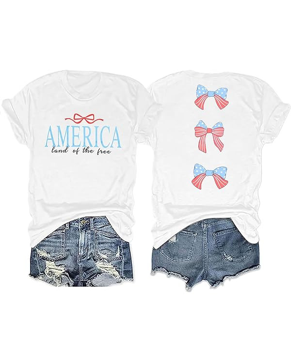 MNLYBABY America Shirts for Women Cute Patriotic Bow Shirt 4th of July Tshirt America Flag Bow Te... | Amazon (US)