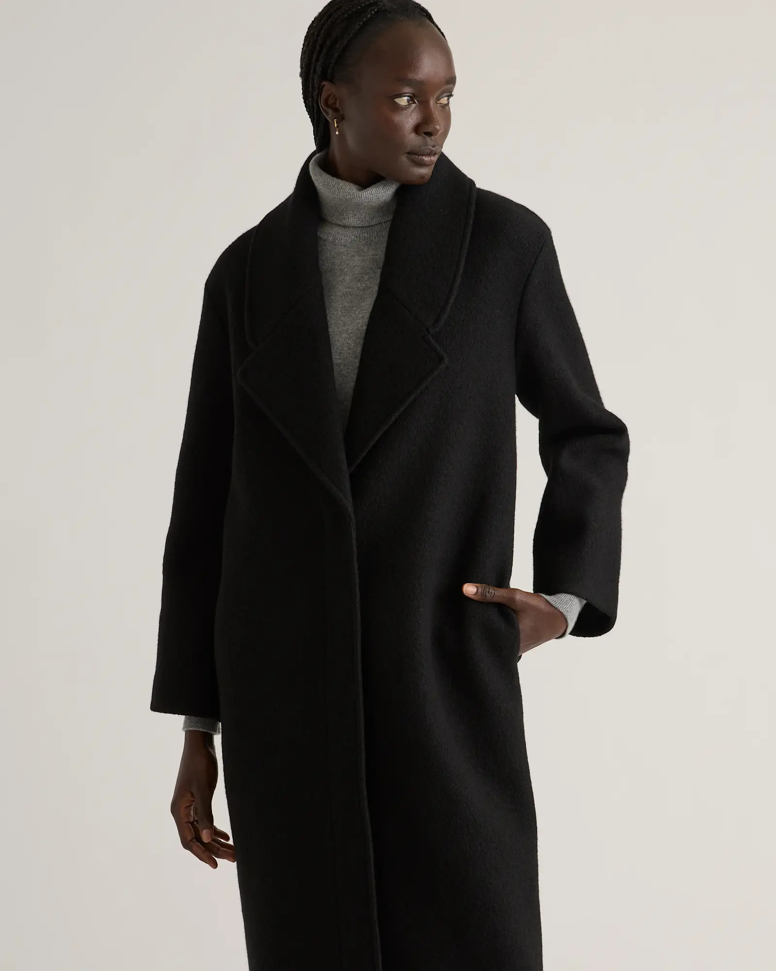 100% Merino Wool Shawl Collar Long Coat in Black | Quince