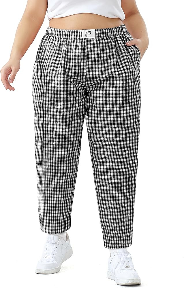FOREYOND Plus Size Wide Leg Boxer Pants Womens Plaid Pajama Pants Y2K Gingham Lounge Pants Cute P... | Amazon (US)