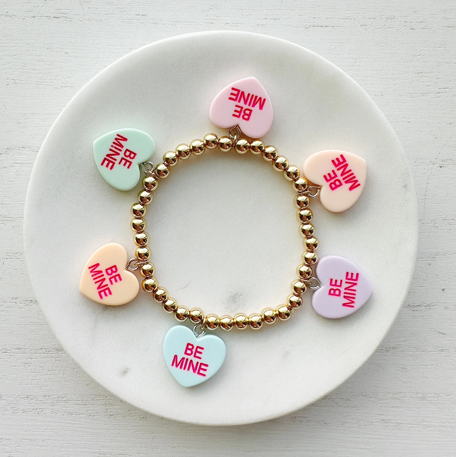 14k Gold Bracelet Conversation Heart Valentines Day Sweetheart Charm Bracelet Beaded Custom Brace... | Etsy (US)