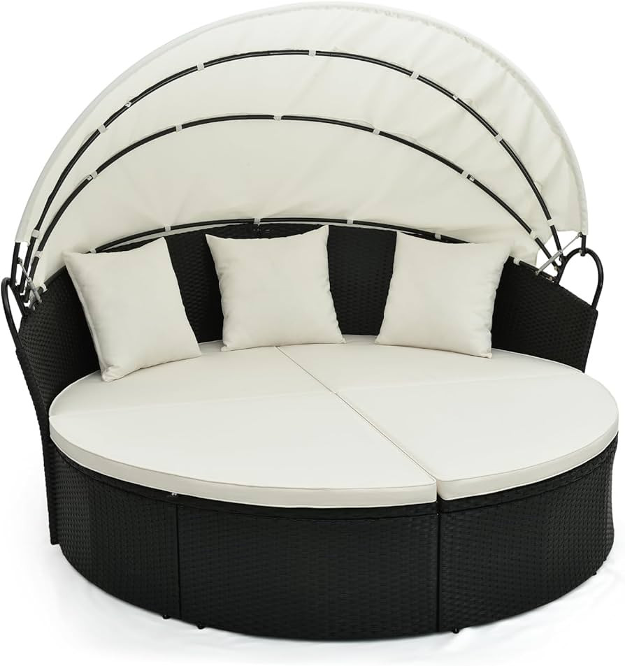 Tangkula Outdoor Patio Round Daybed with Retractable Canopy, Black Rattan Wicker Furniture Sectio... | Amazon (US)