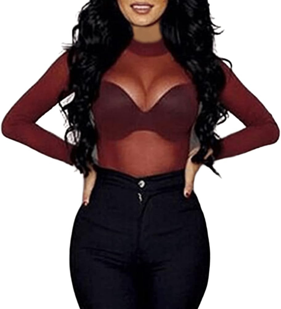 Womens Sheer Mesh Tops Shirts, Long Sleeve Mock Neck See-Through Slim Ladies Blouse T-Shirt Clubw... | Amazon (US)