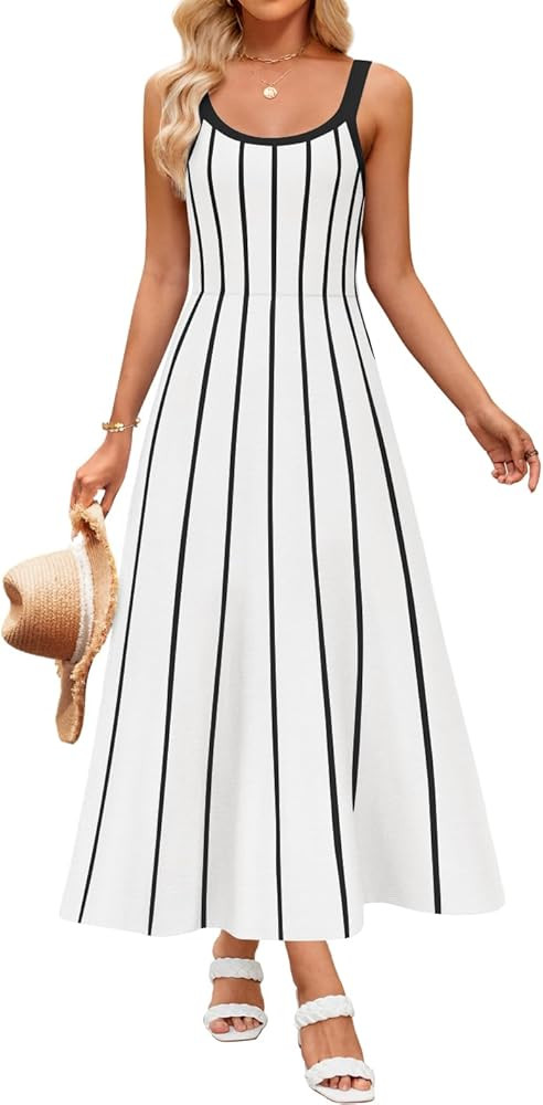 ZESICA Womens 2025 Summer Sleeveless Striped Midi Dresses Casual A Line Swing Knit Long Dress Bea... | Amazon (US)