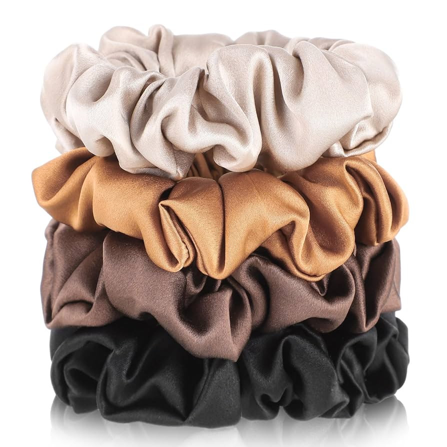 4 Pack Mulberry Silk Scrunchies, Brown Silk Hair Ties for Hair Sleep No Damag Satin Scrunchies Fa... | Amazon (US)