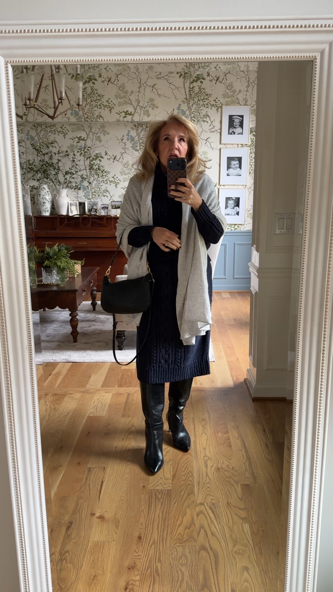 Metallic sweater and skirt. 
Sweater size medium petite 
Skirt size small 
JCREW cashmere wrap makes the best gift! 
Black tall boots are a must! I’ll link similar 
Quince small crossbody 

#LTKSaleAlert #LTKPetite #LTKOver40