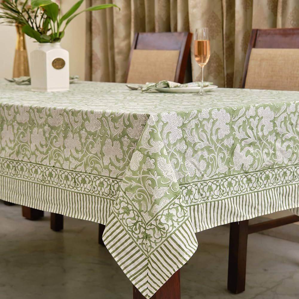 Ridhi -Sage Green Cotton Tablecloth, Handblock Print Floral Table Cloth for Kitchen Dining Linen ... | Amazon (US)