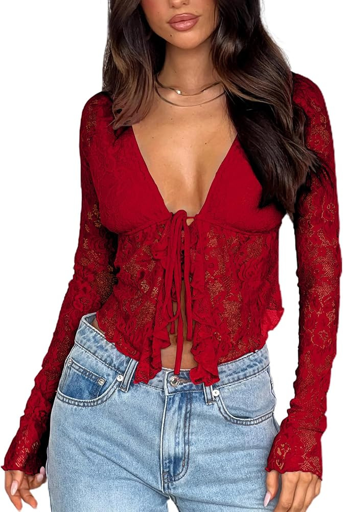 Women's Sexy Open Front Tie Long Sleeve Ruffle Trim Sheer Mesh Lace Crop Tops Blouses | Amazon (US)