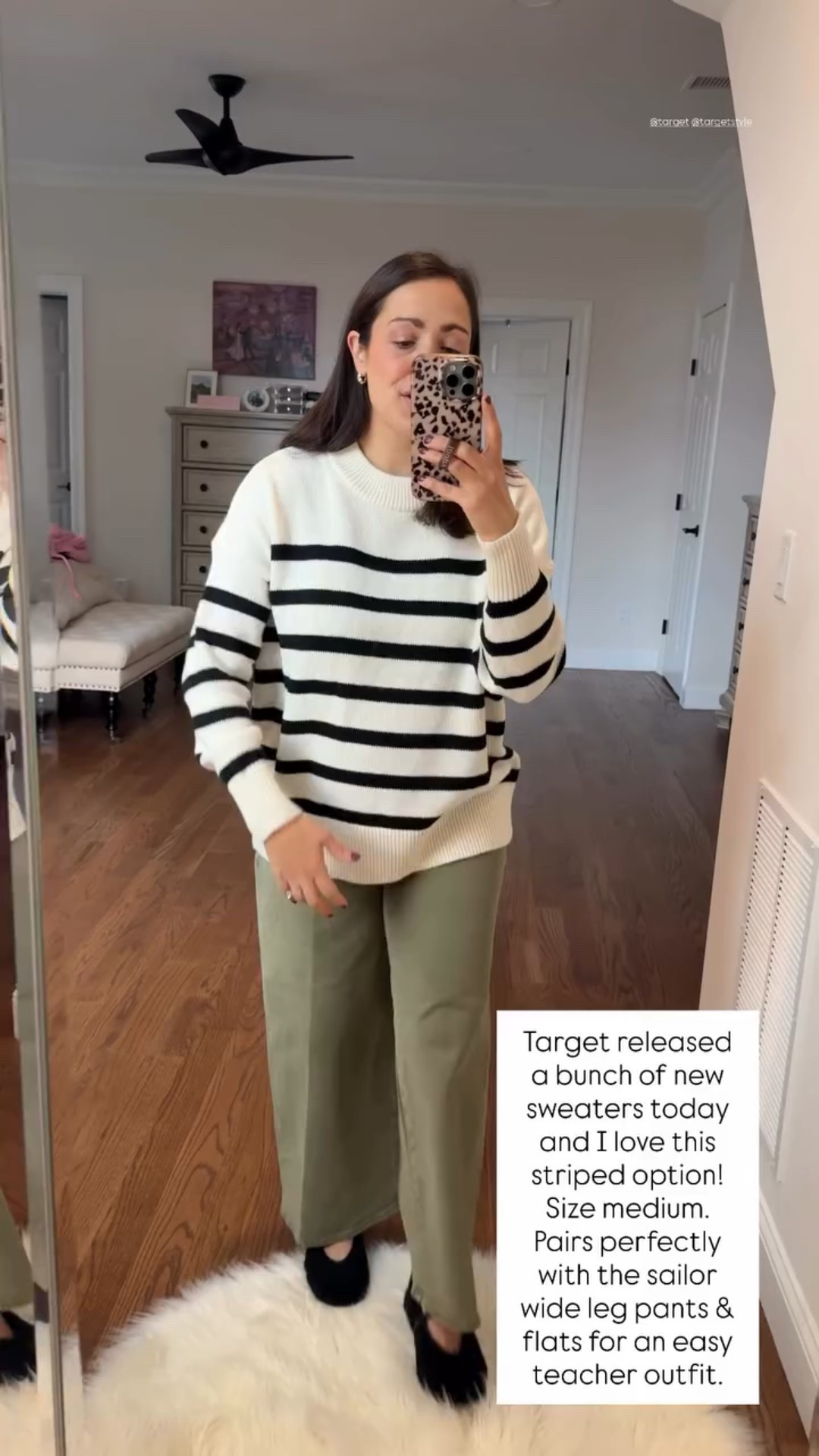 Target released a bunch of new sweaters today and I love this striped option! Size medium. Pairs perfectly with the sailor wide leg pants & flats for an easy teacher outfit.  @target @targetstyle