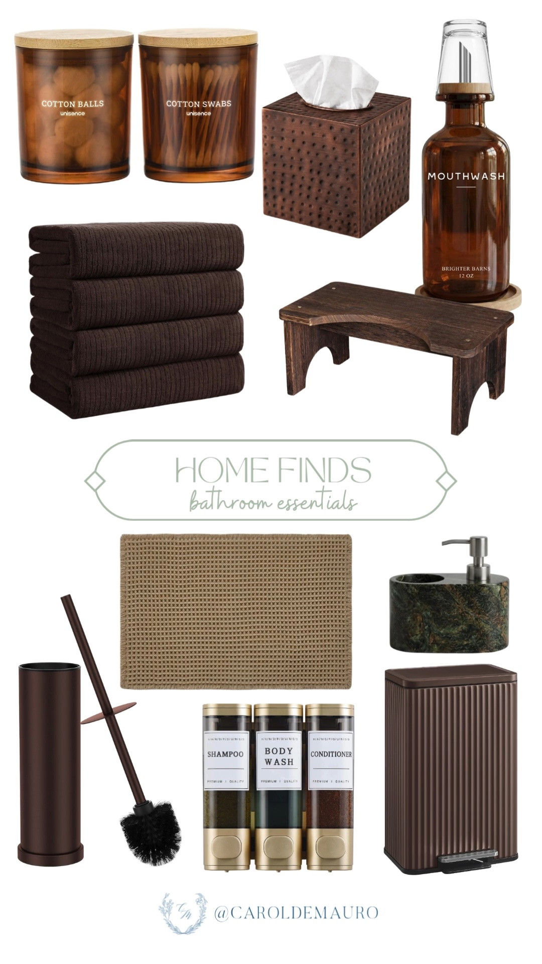 bathroom essentials, home finds, vanity countertop accessories, soap dispensers, cotton ball containers, bath towel, bath rug, trashbin, tissue paper holder, mouthwash bottle, toiletry dispenser, shampoo dispenser, body wash dispenser, conditioner dispenser, toilet cleaner brush

#LTKHome