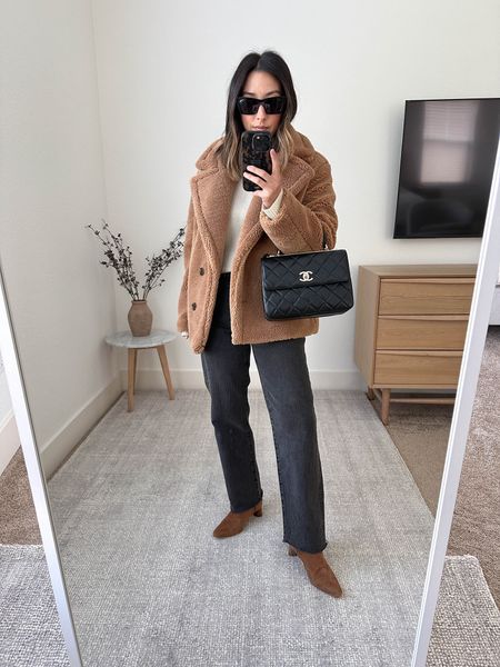 Vince Hela booties. These are a great brown here boot. Short heels but comfy. The toe runs long, so if that’s not your thing, I’d pass on these. 

Gap Factory coat xs (old)
Everlane sweater xs
Madewell jeans 23 petite (old)
Vince Hela booties 5
Chanel trendy cc small
YSL sunglasses 

#LTKshoecrush #LTKSeasonal #LTKitbag
