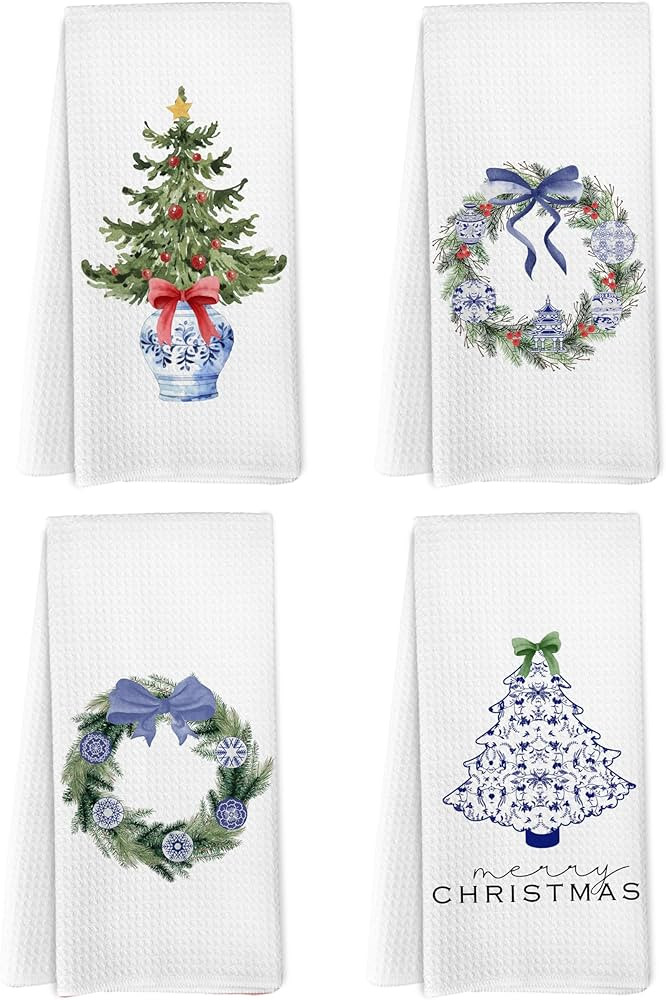 Chinoiserie Christmas Kitchen Towels Set of 4, Christmas Dish Hand Tea Towels for Kitchen, Blue a... | Amazon (US)