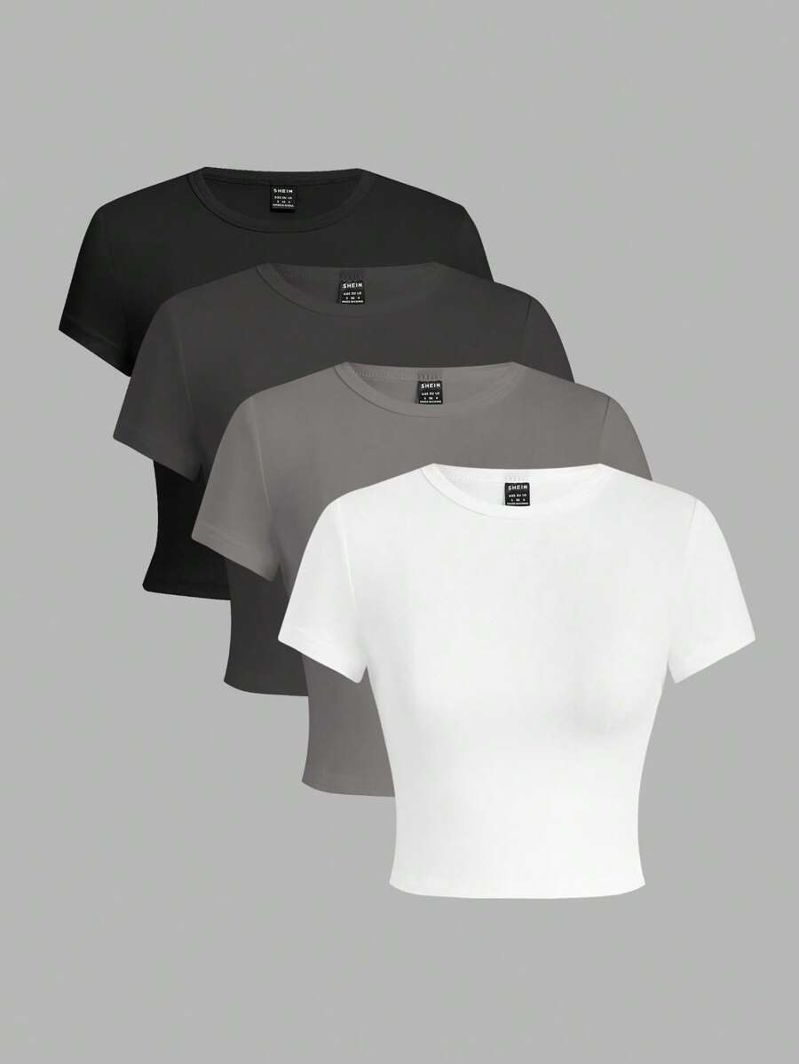 SHEIN EZwear 4pcs Set Round Neck Tight Fit Short Sleeve Casual T-Shirts For Women, Suitable For S... | SHEIN