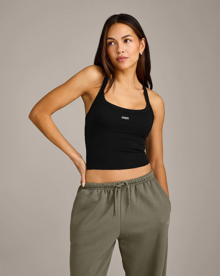 Mellow™ Rib Racer Back Mid Tank Top with Built in Bra Shelf 
 Black | Oner Active (UK / US)