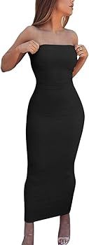 BORIFLORS Women's Basic Sleeveless Tube Top Sexy Strapless Bodycon Midi Club Dress | Amazon (US)