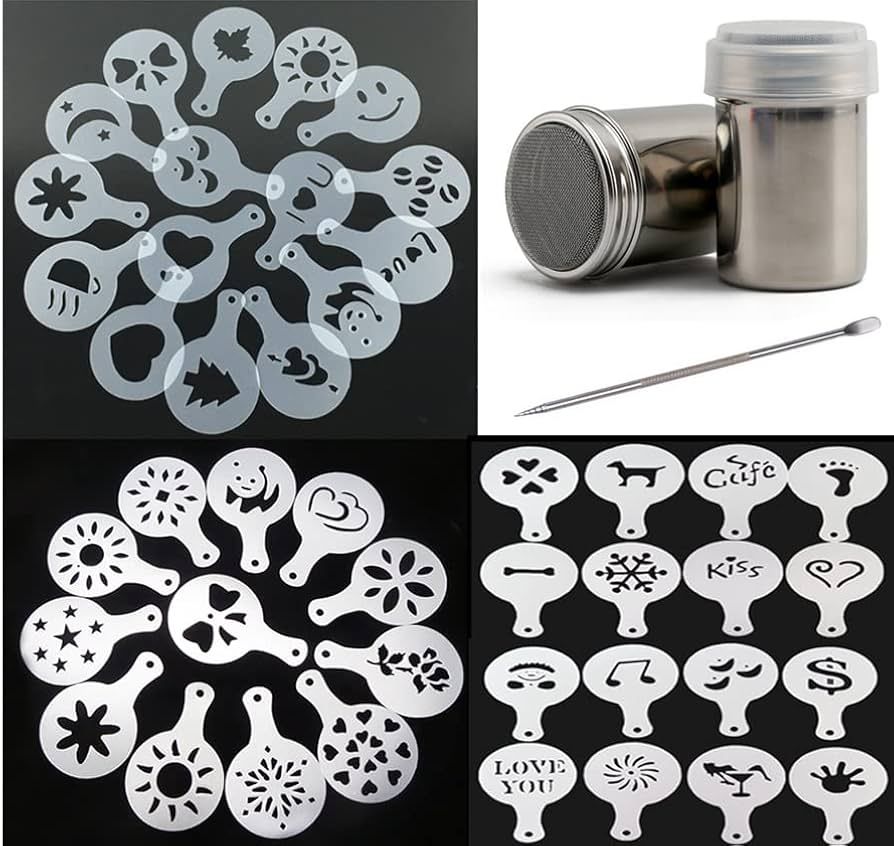 44 Coffee Decorating Stencils + 2 Steel Mesh Powder Shaker + 1 Coffee Latte Art Pen, Magnoloran C... | Amazon (US)