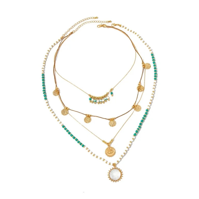 Collarbone Length Layering Beaded Necklace Bohemian Style Sun Pendant And Mixed Stone Detailing C... | Walmart (US)