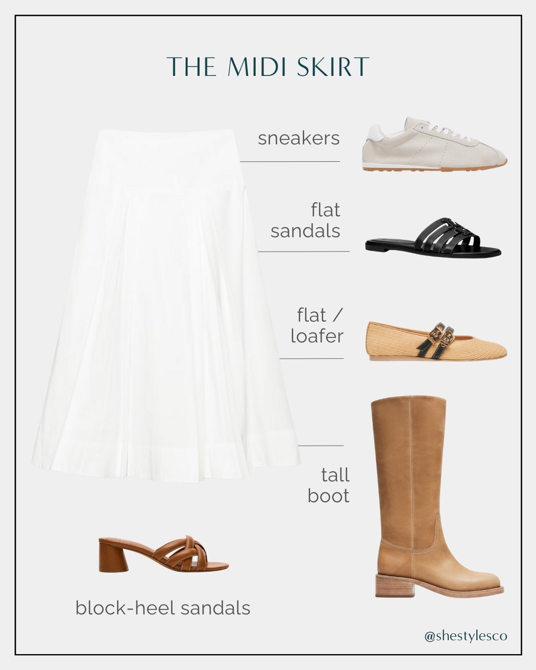 PAIRING GUIDE! Spring Edition - Bottoms & Shoes ☀️

Midi Skirt: Try sneakers, flat sandals, flat / loafer, tall boot, or block-heel sandals