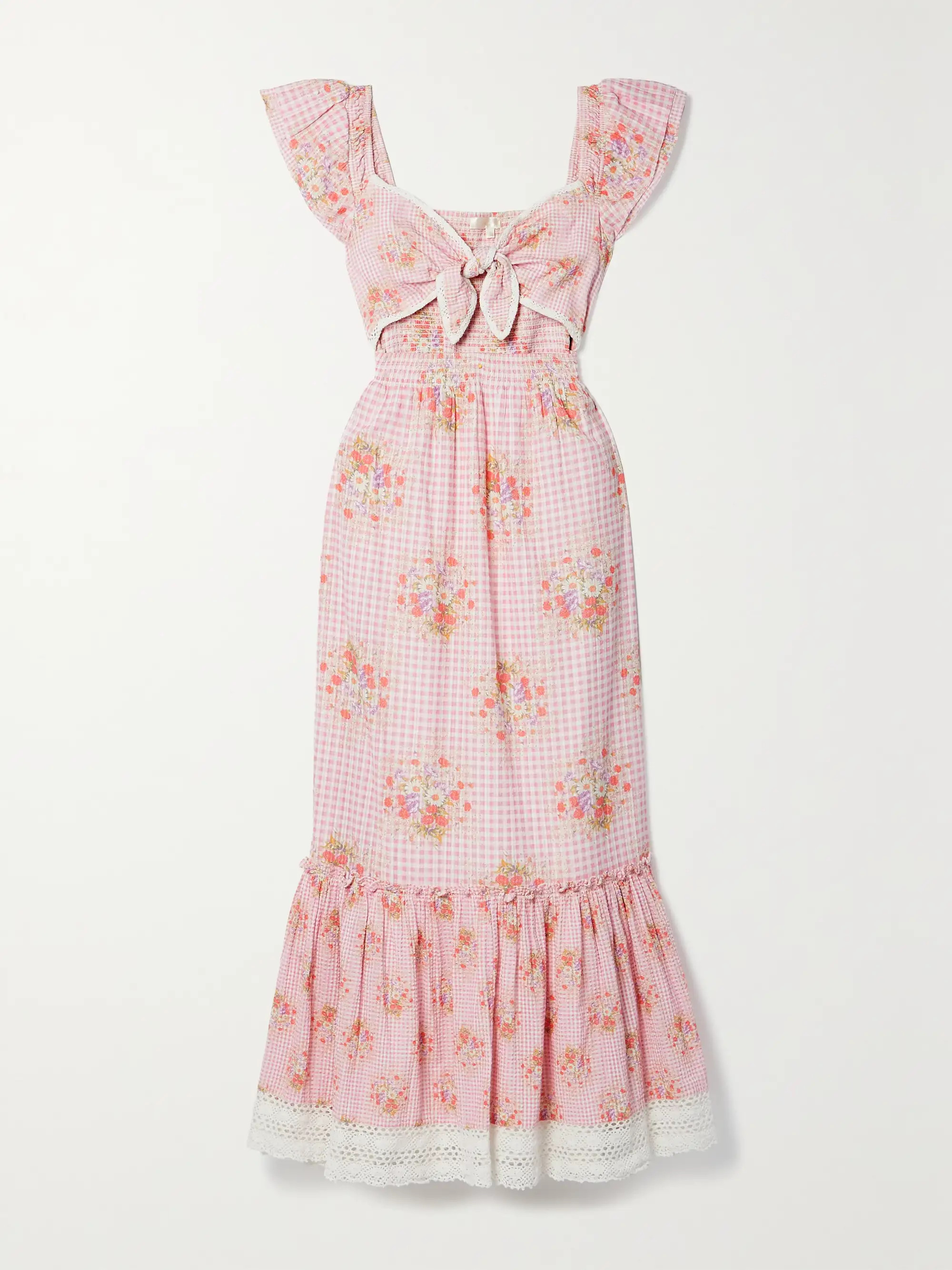 Emeka tie-front crochet-trimmed floral-print gingham cotton-seersucker maxi dress | NET-A-PORTER (UK & EU)