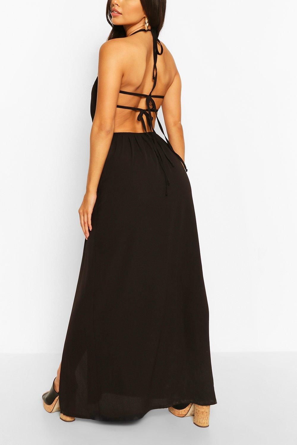 Womens Woven Strappy Back Halterneck Split Maxi Dress - Black - 14 | Boohoo.com (US & CA)